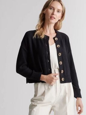 Quince 100% Organic Cotton Cropped Cardigan Black Boxy Cozy XL